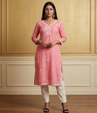 Lucknowi Chikankari Hand-Embroidered Sleeveless Pink Kurti – Luxury Muslin