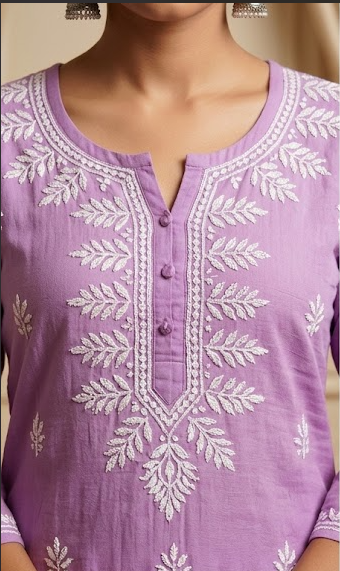 Lucknowi Chikankari Hand-Embroidered Lilac Purple Muslin Kurti