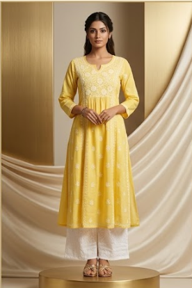 Hand-Embroidered Chanderi Lucknowi Chikankari Flared Kurta