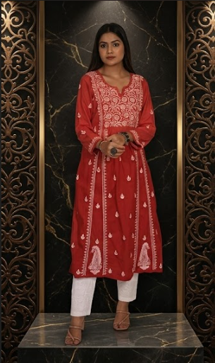 Lucknow Chikankari Hand Embroidered Cotton Four Kali Kurti RCPHL24