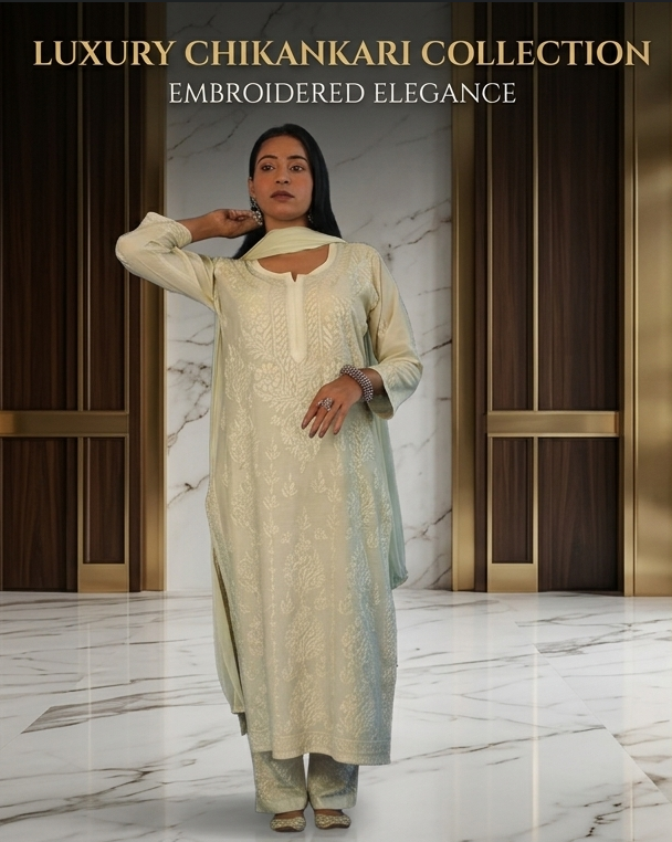 Lucknow Chikankari Hand Embroidered Chanderi Co-Ord Set With Duapatta RCPRY24