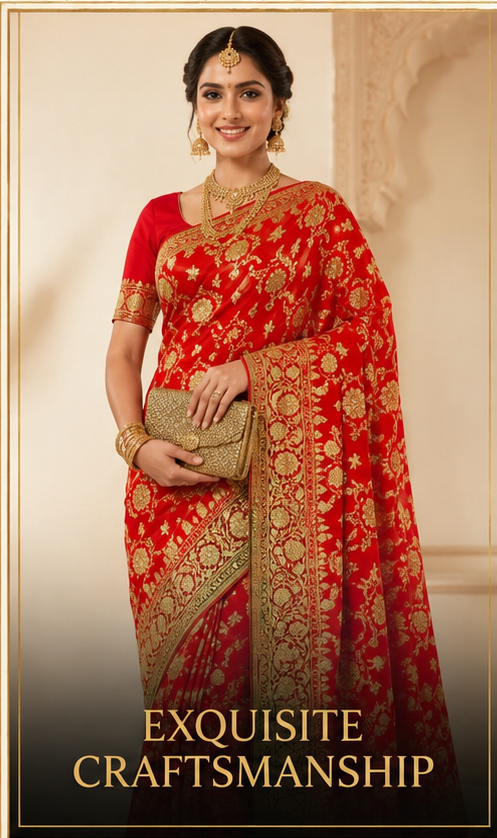 Vermilion Red & Royal Gold Katan Satin Banarasi Saree