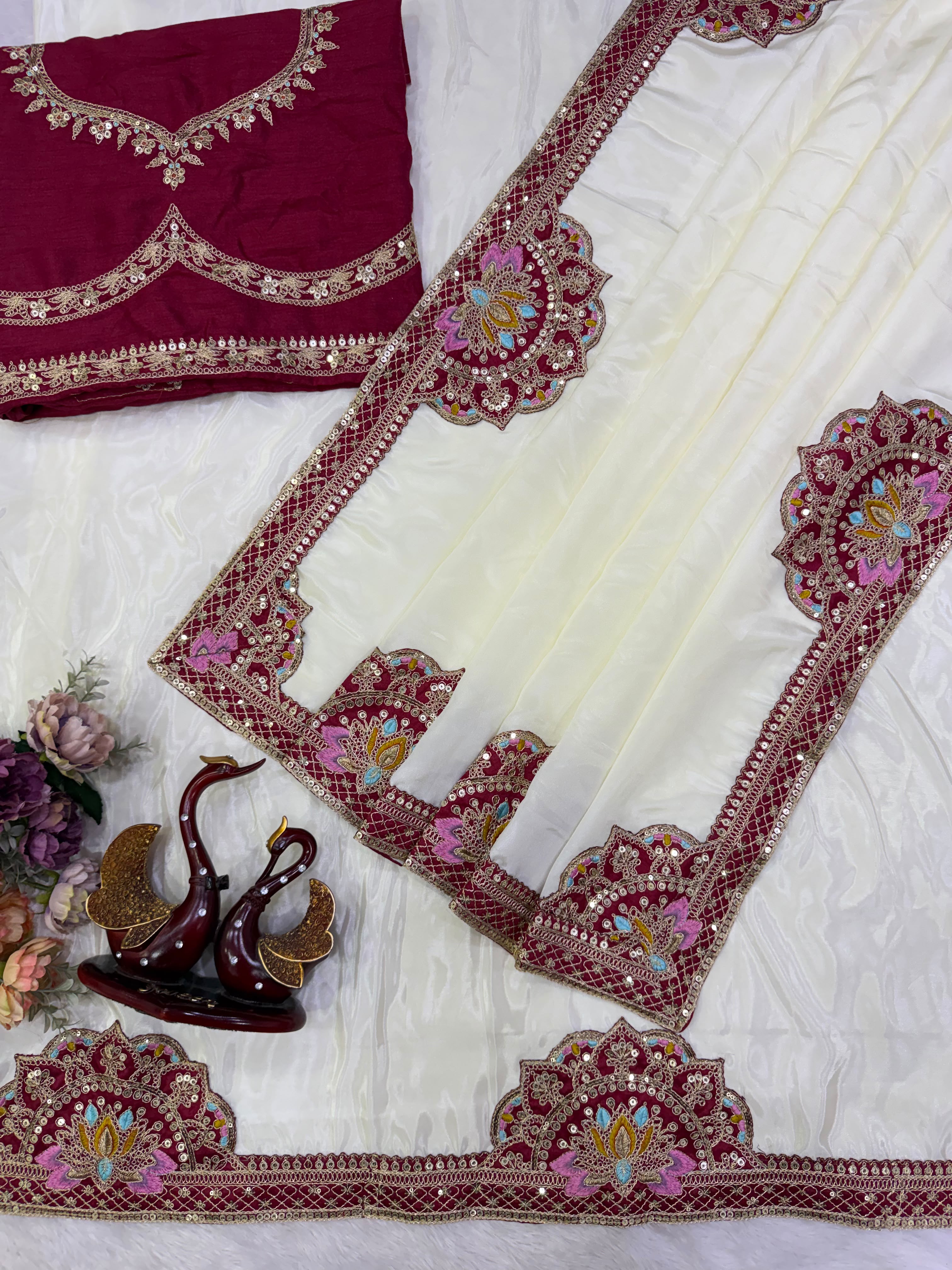Off White HO Silk Designer Saree with Maroon Sequins & Dori Embroidery