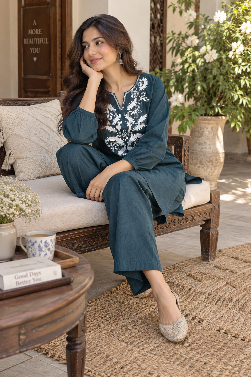 Teal Embroidered Cotton Co-Ord Set