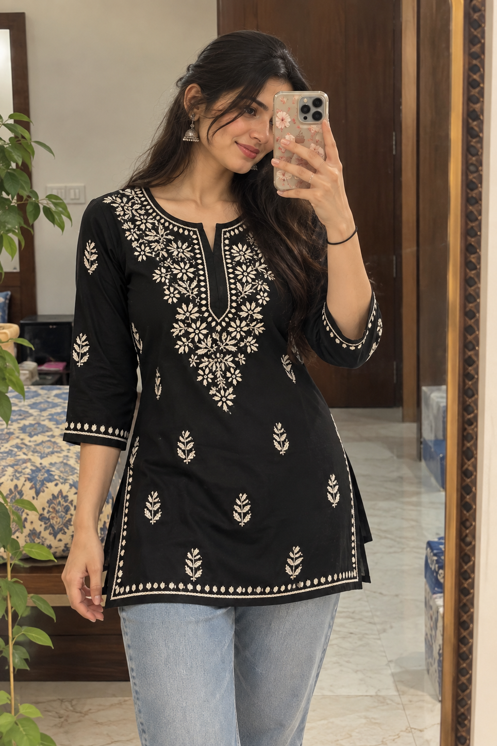 Black Cotton Lucknowi Chikankari Short Kurti