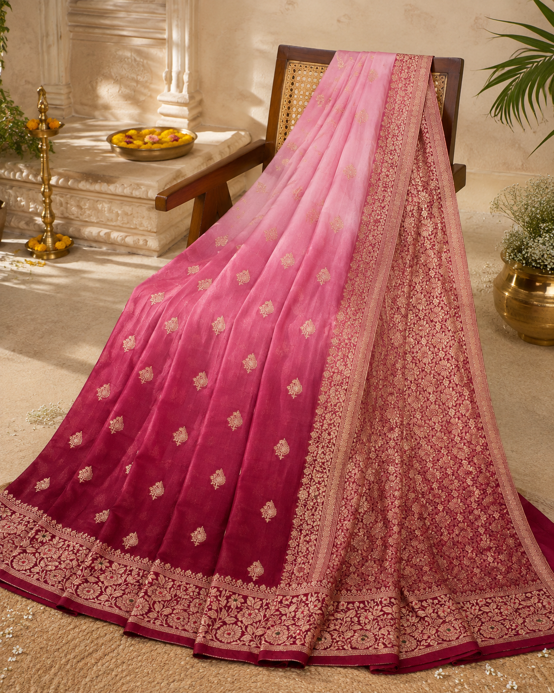 Banarasi Ombre Moonga Muslin Silk Saree in Shades of Soft Pink & Crimson Red