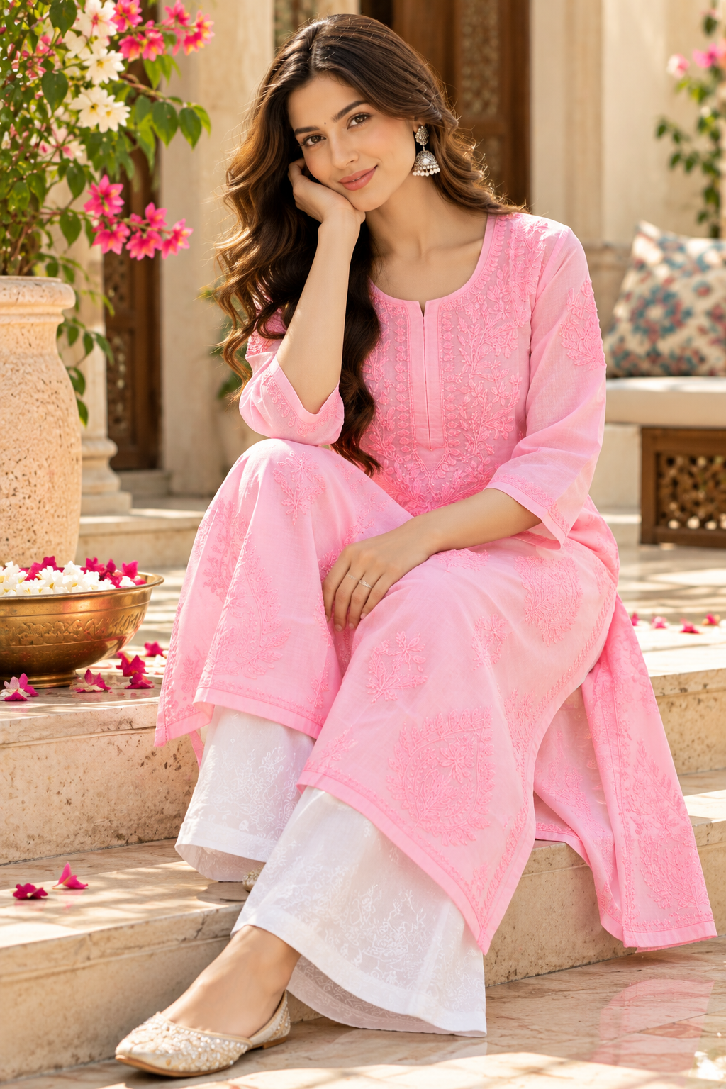 Baby Pink Cotton Lucknowi Chikankari Straight Kurti