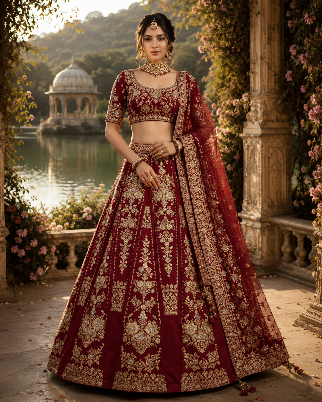 Maroon Katan Silk Designer Lehenga with Intricate Gold Zari Floral Weaving