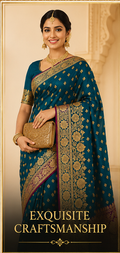 Teal Blue & Magenta Pure Katan Silk Banarasi Saree