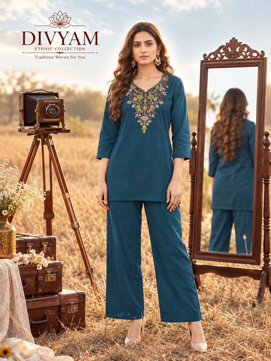 Teal Blue Embroidered Cotton Co-Ord Set
