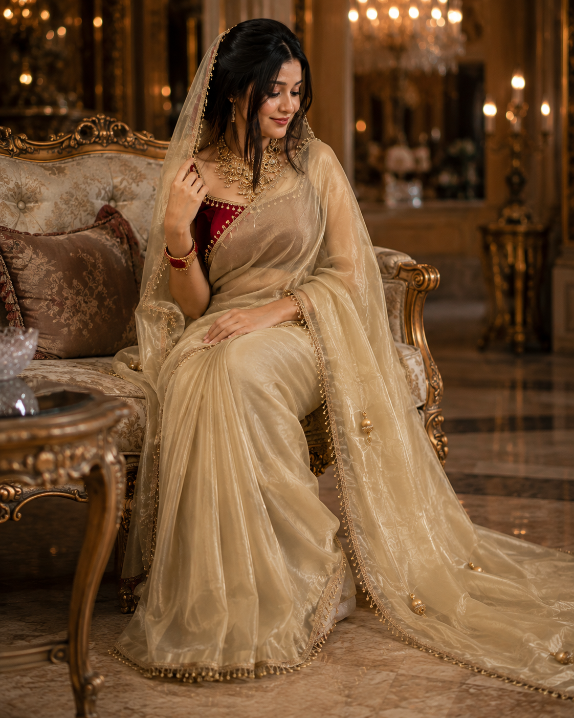 Golden Champagne Pure Space Silk Saree with Hanging Jhumka Tassels