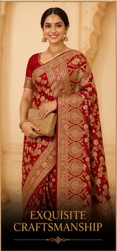 Royal Crimson Maroon & Antique Gold Nylon Satin Banarasi Saree