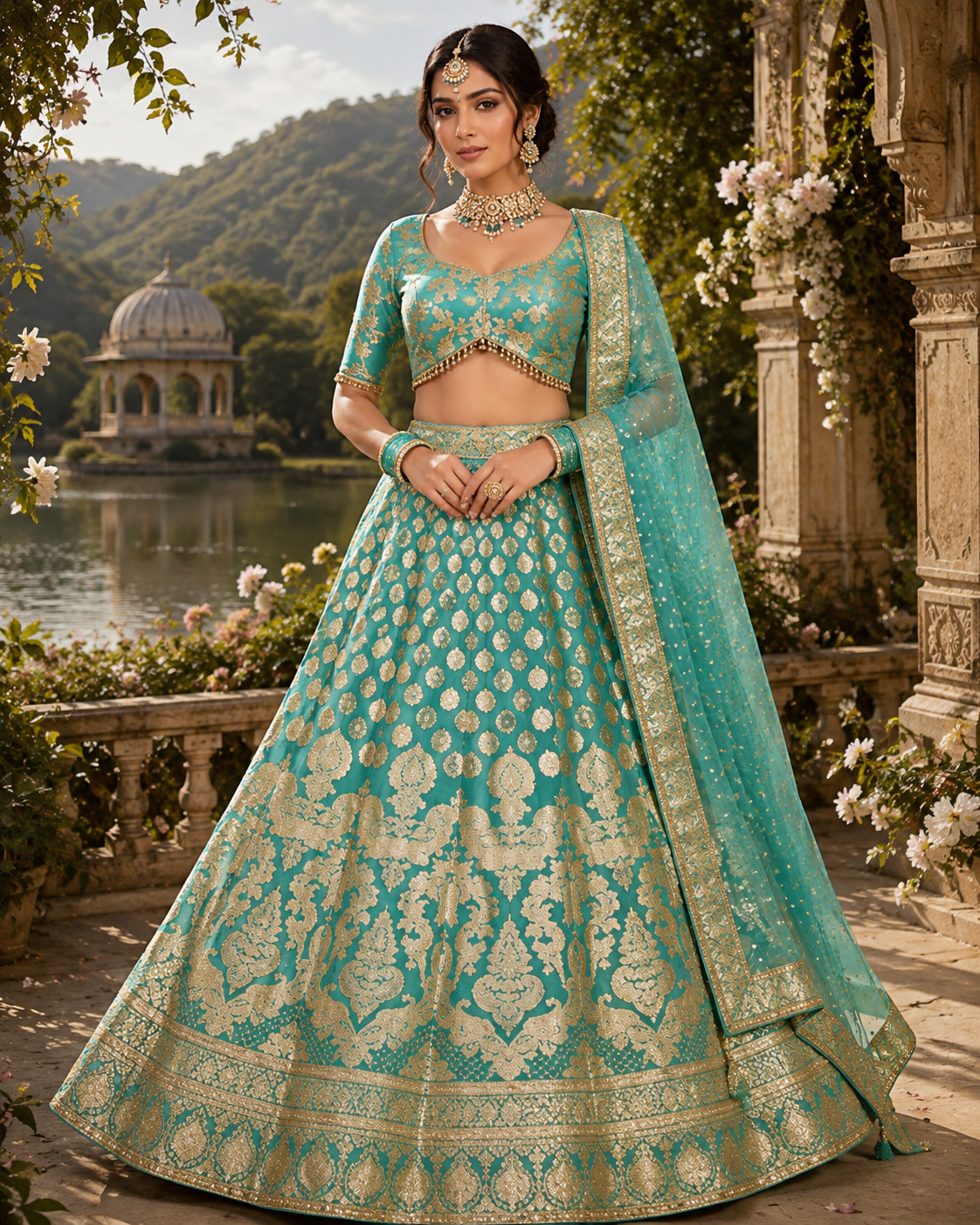 Teal Green Art Silk Designer Lehenga with Gold Zari Weaving & Dupatta