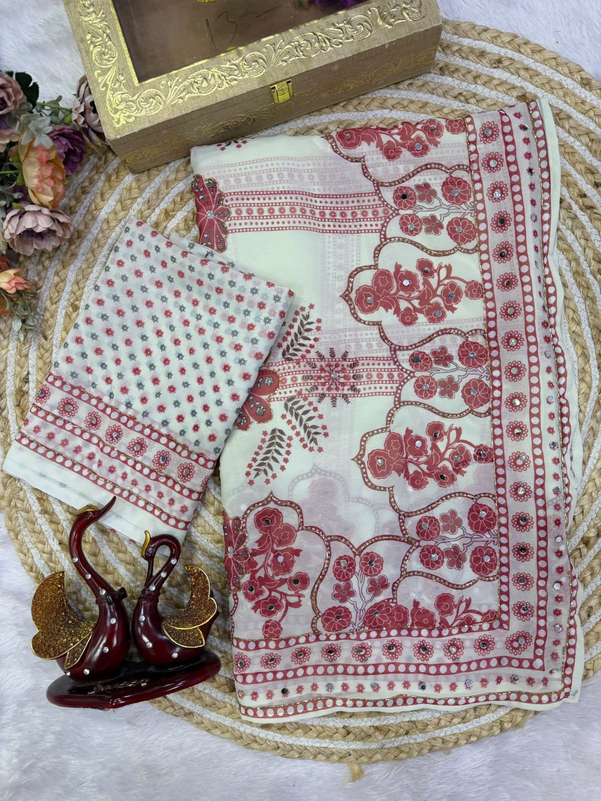 White Soft Georgette Digital Print Saree with Katdana & Real Mirror Handwork
