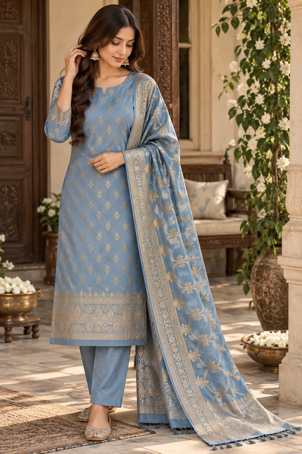 Regal Banarasi Zari Woven Unstitched Moonga Silk 3-Piece Suit Set with Matching Dupatta