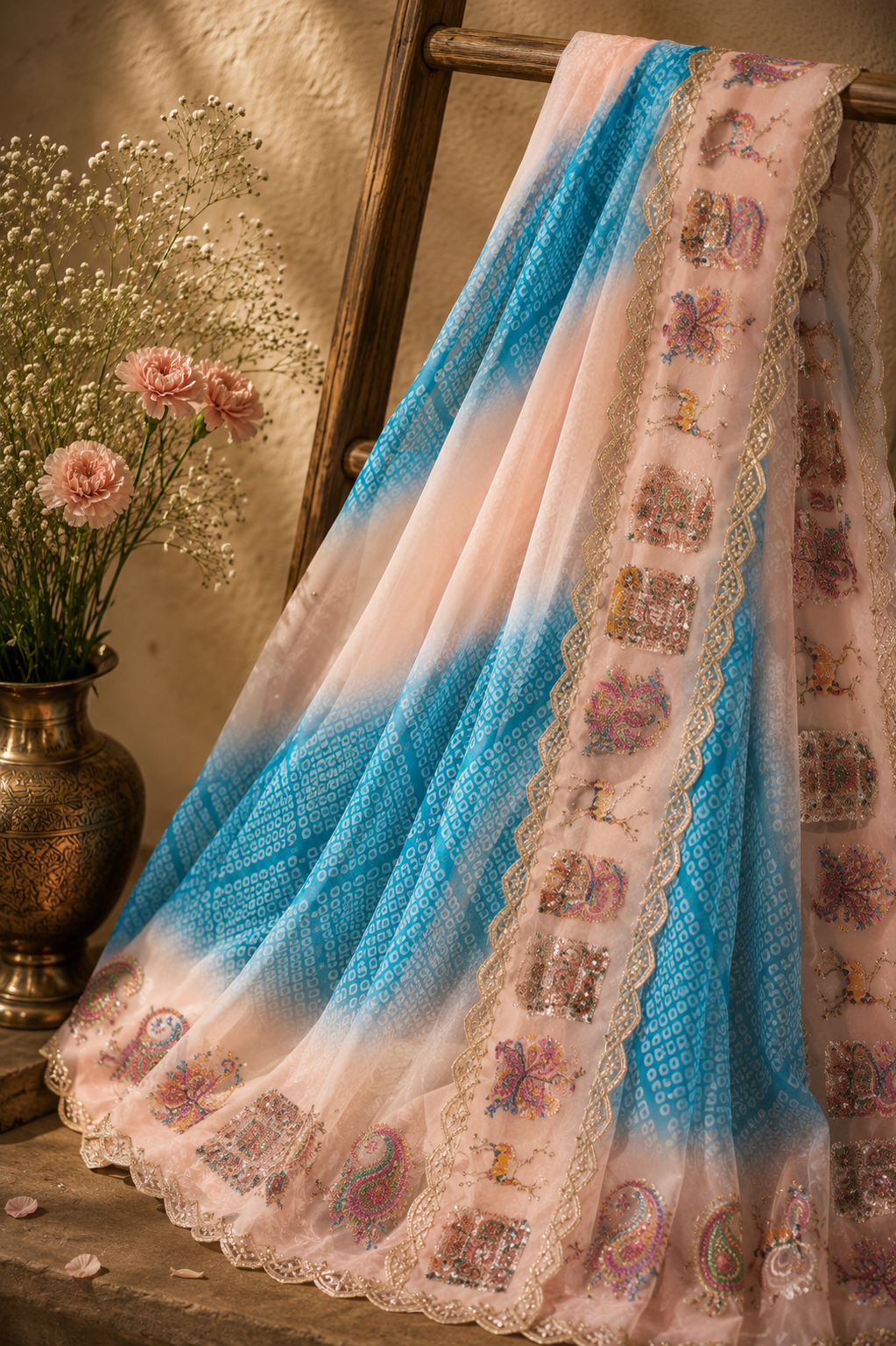 Designer Fendi Silk Saree with Bandhani Print