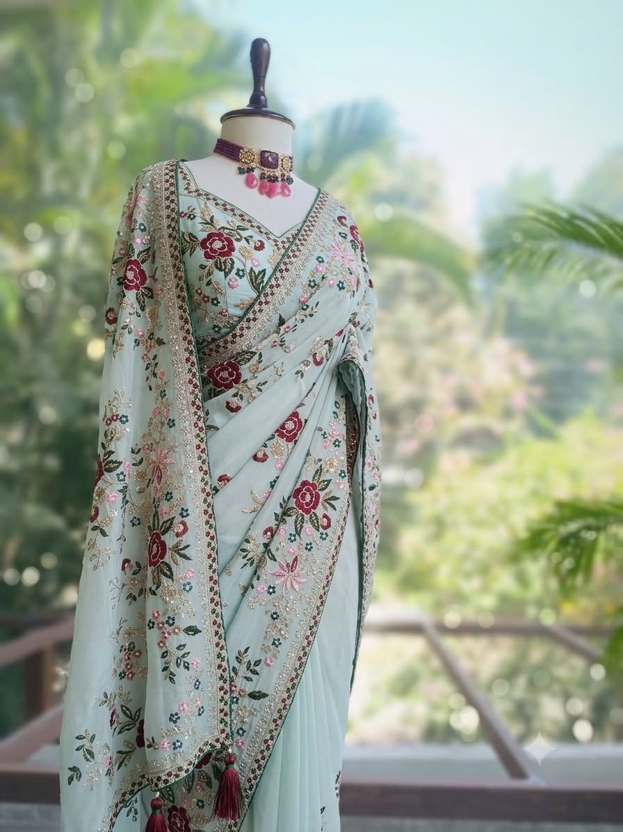 Blue Georgette Saree with Matching Silk Embroidered Blouse