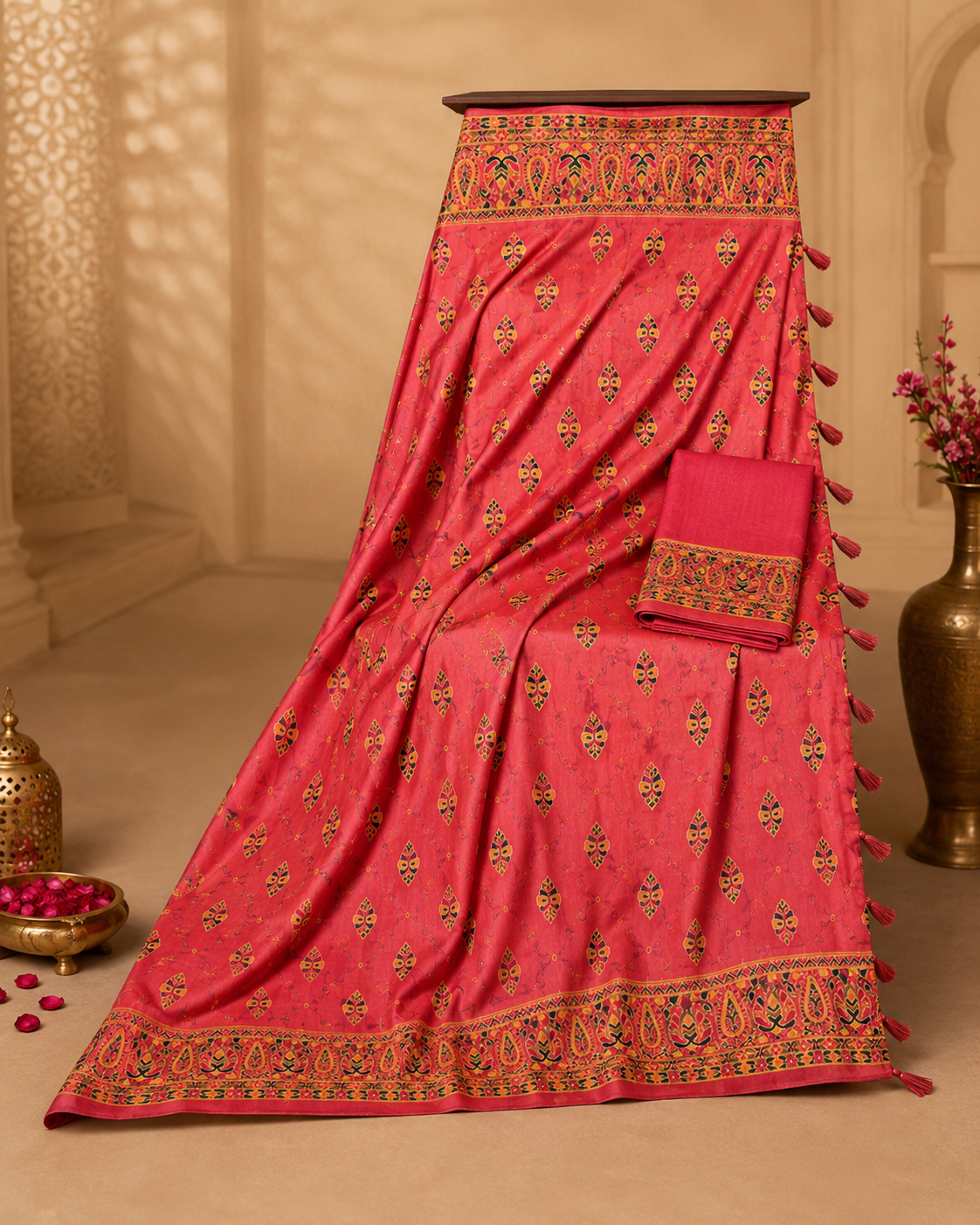 Pashmina Saree with Traditional Printed Motifs