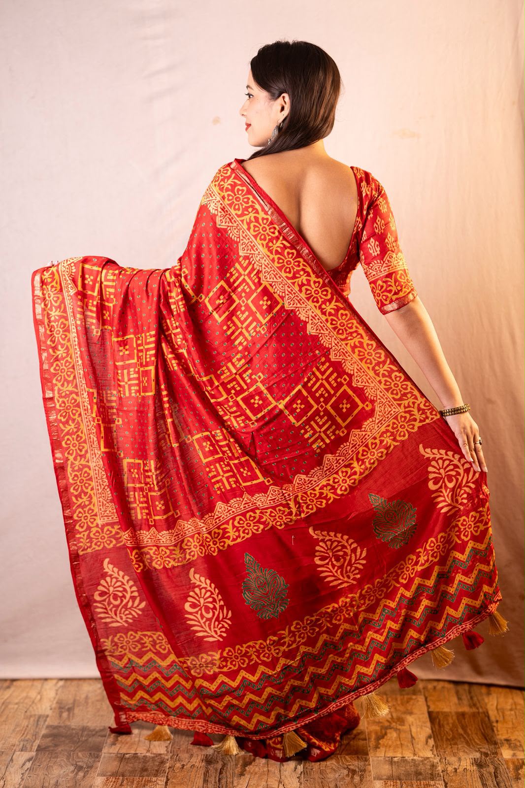 Hand block printed ajrakh saree