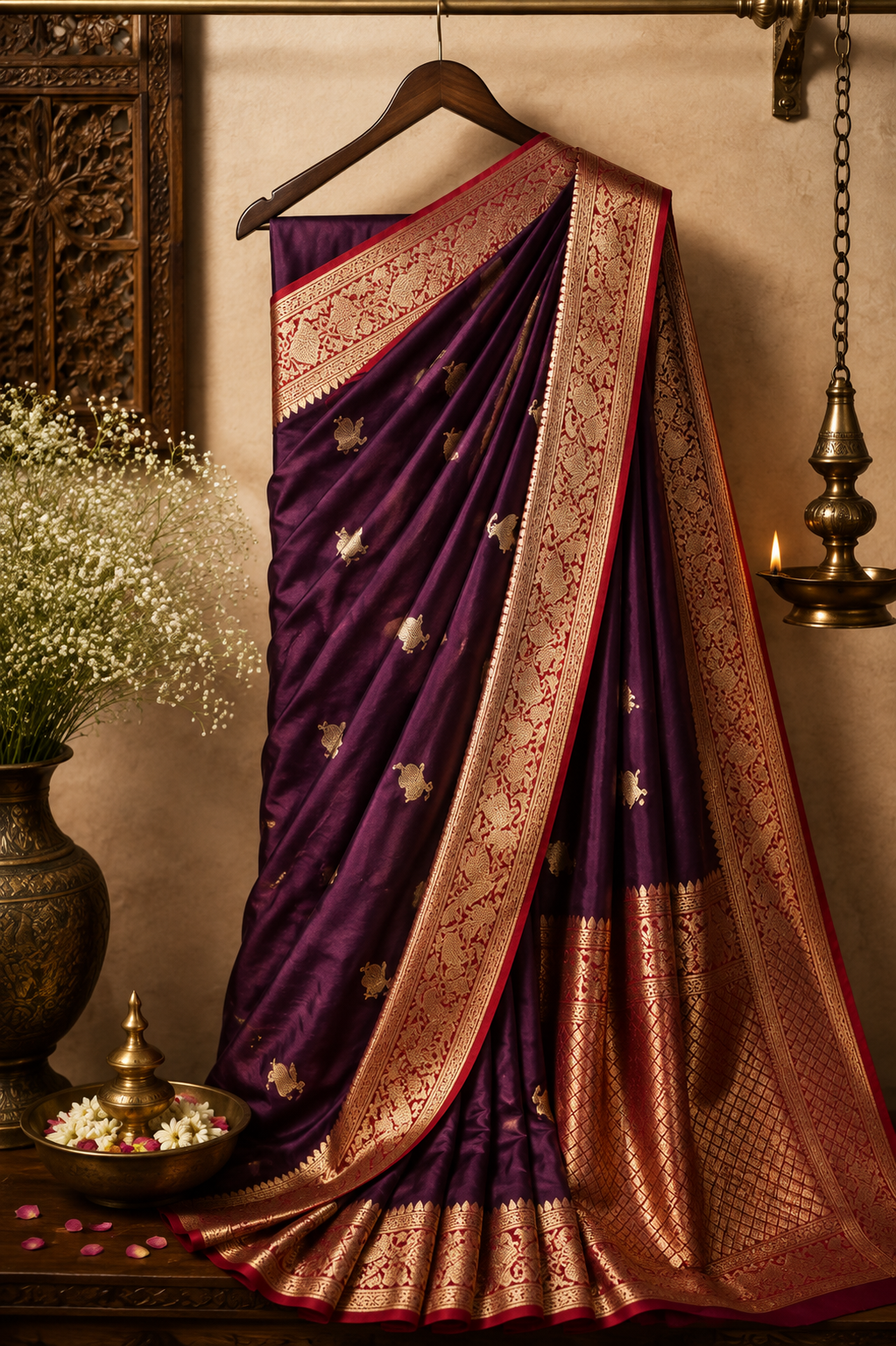 Luxurious Satin Silk Saree Gold Zari Brocade Border