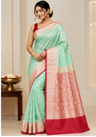 Uppada Katan Silk Saree with Gold Zari Buta & Contrast