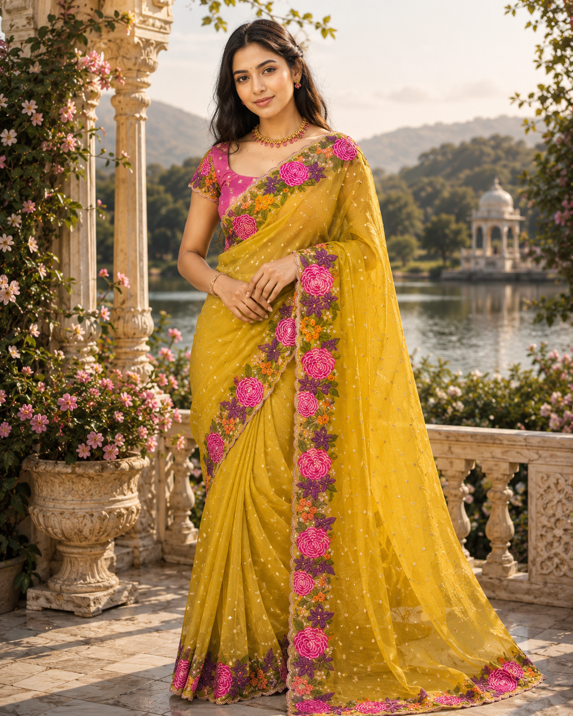 Moss Silk Saree with Heavy Floral Embroidery