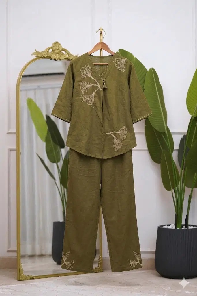 Olive Green Angrakha Ginkgo Embroidered Cotton Co-Ord Set
