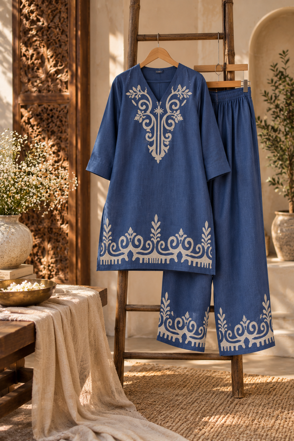 Indigo Blue Embroidered Cotton Co-Ord Set
