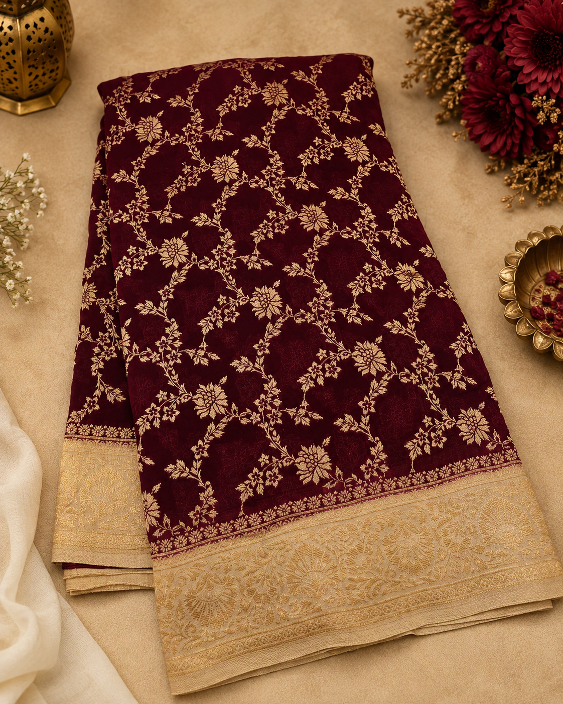 Maroon Katan Silk Saree with Intricate Golden Floral Zari Weave