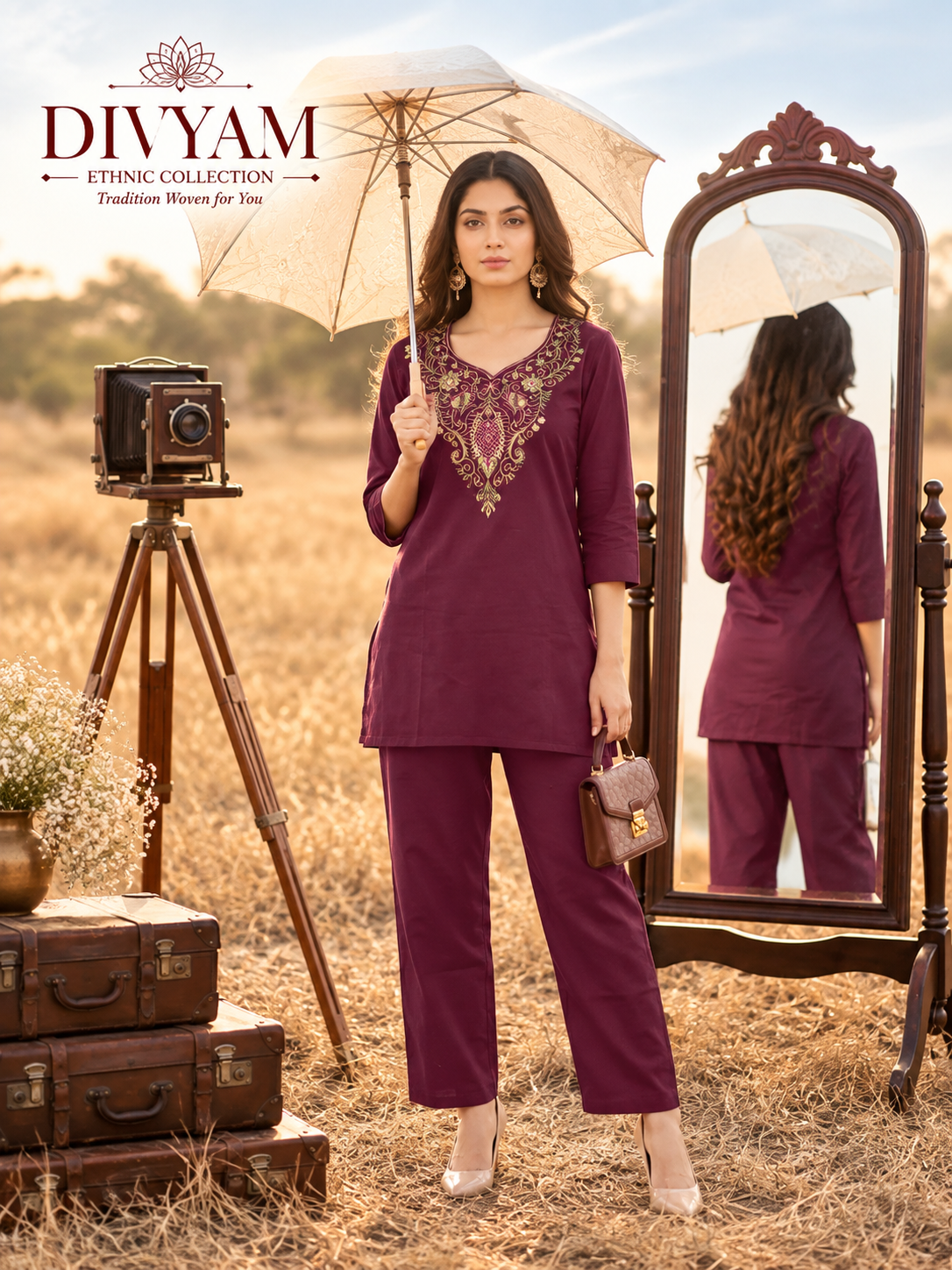 Wine Purple Embroidered Cotton Co-Ord Set