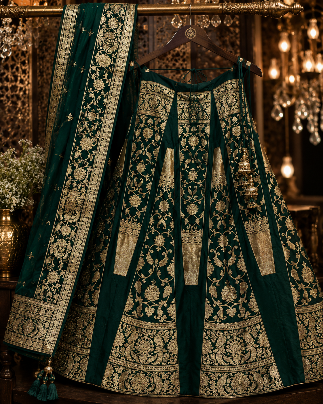 Katan Silk Designer Lehenga with Intricate Gold Zari Floral Weaving