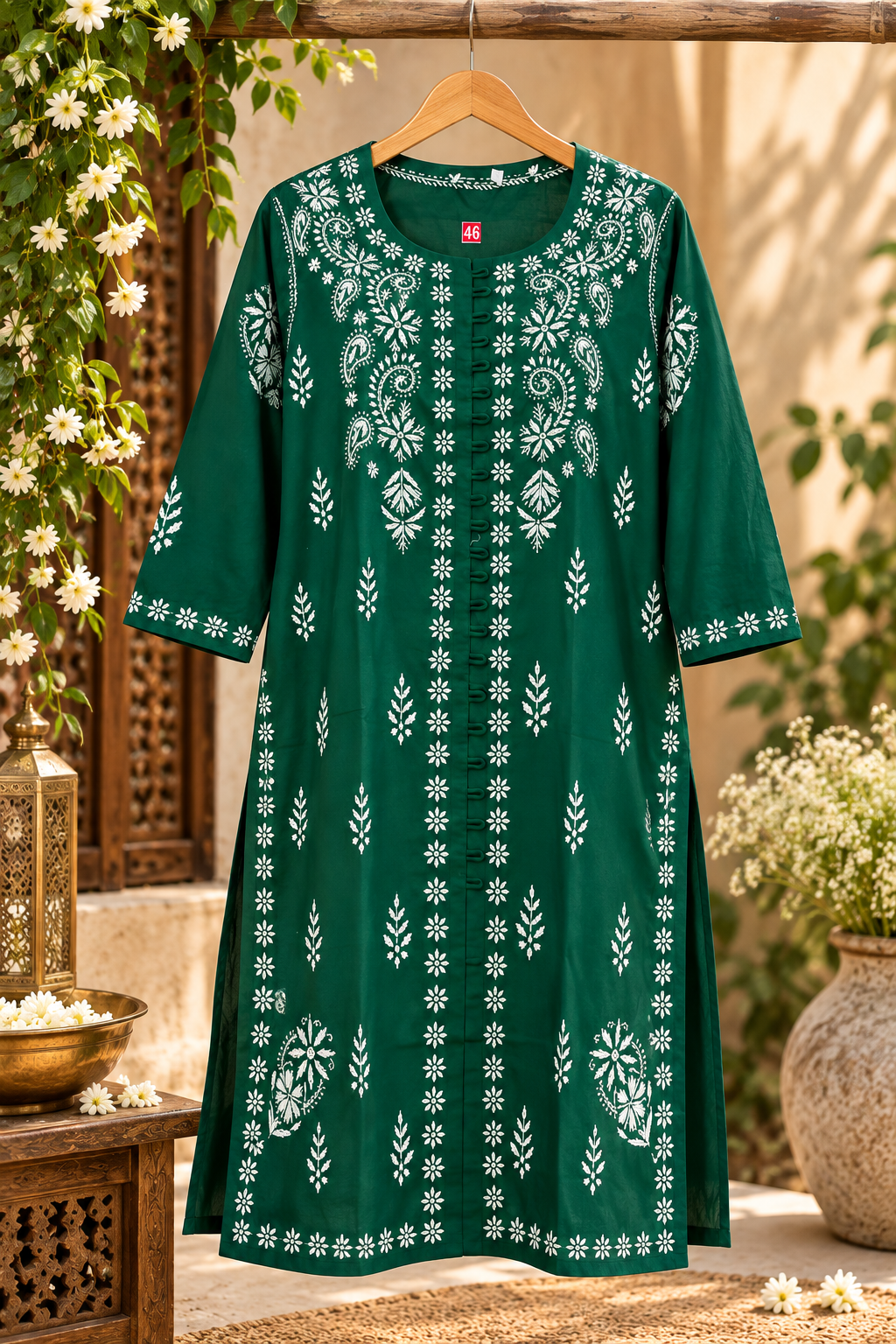 Bottle Green Cotton Lucknowi Chikankari Straight Kurti