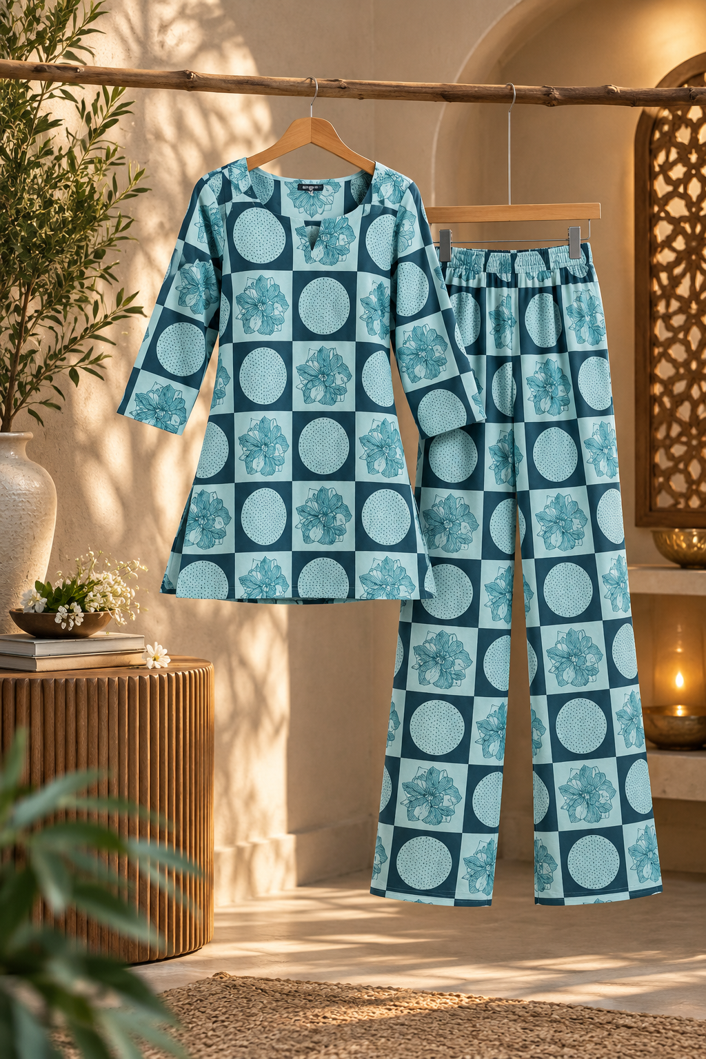 Aquamarine Geometric Floral Cotton Co-Ord Set