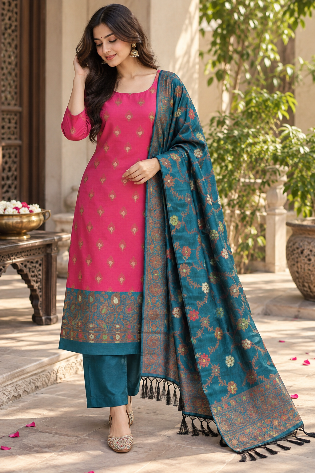 Unstitched Cotton Silk Suit Set in Magenta & Peacock Teal with Woven Banarasi Work