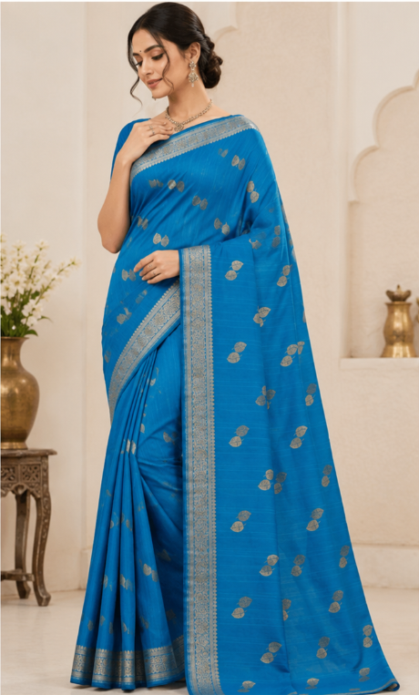 Linen Silk Saree with Silver Leaf Buti & Designer Woven Border