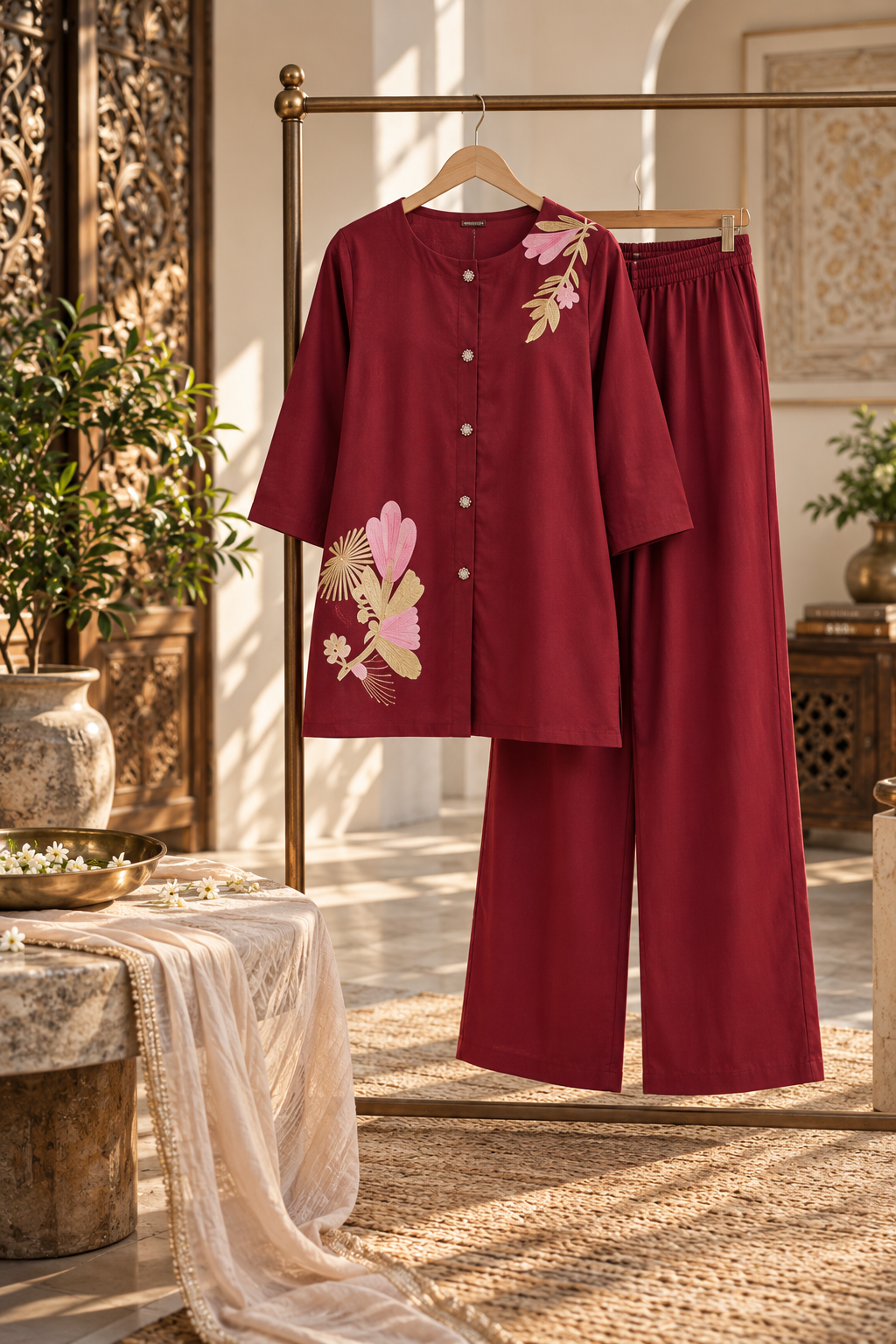 Maroon Botanical Embroidered Cotton Co-Ord Set