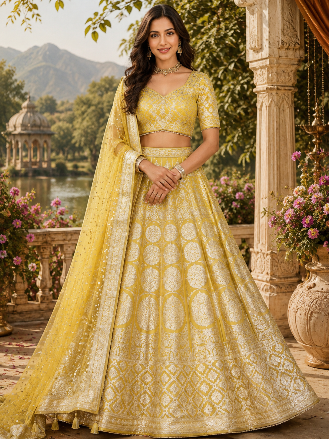 Art Silk Lehenga Choli with Golden Woven Motifs
