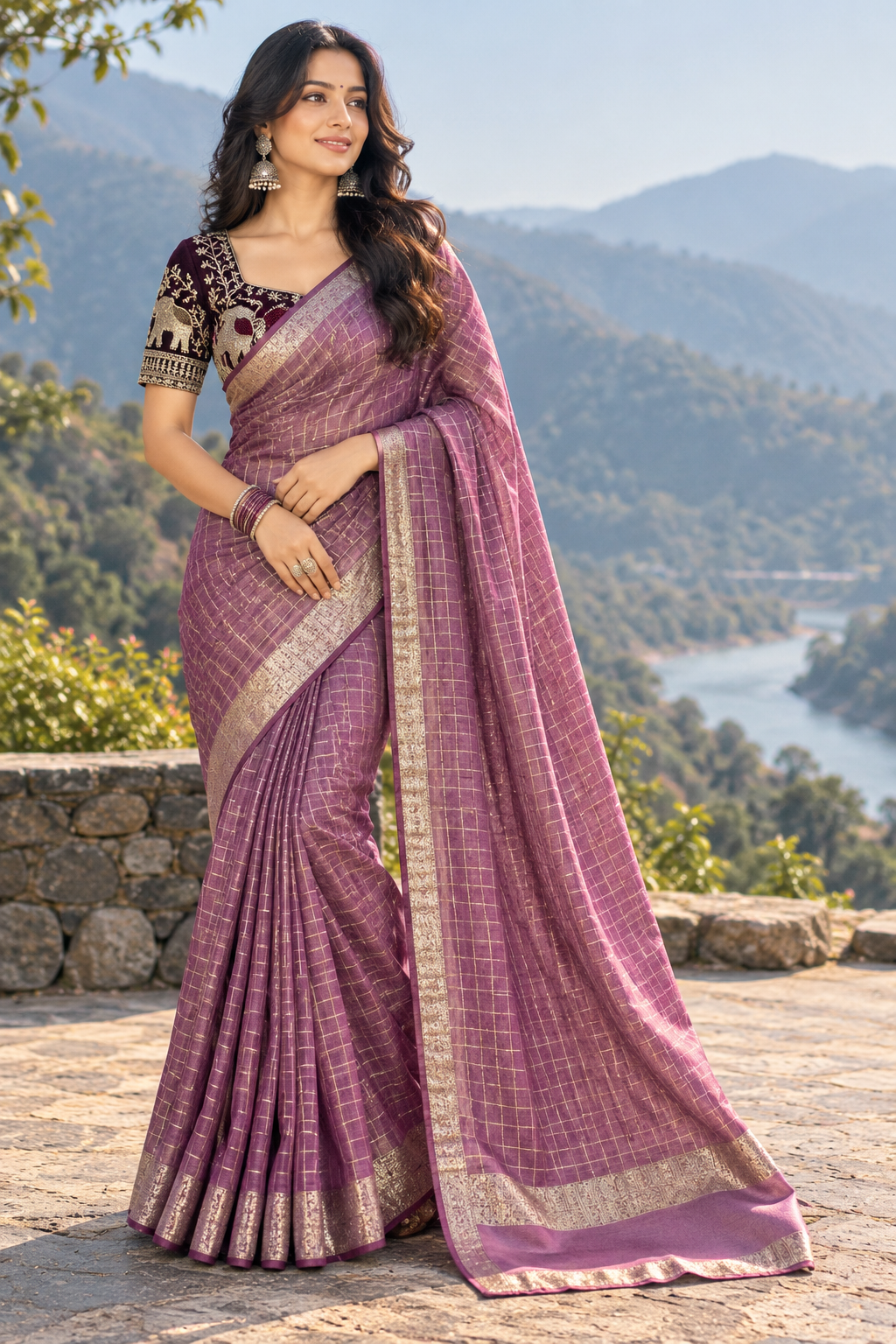 Pink Pure Viscose Georgette Checks Saree with Satin Border