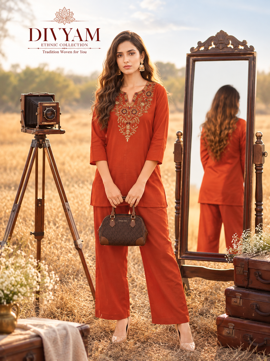 Rust Orange Embroidered Cotton Co-Ord Set