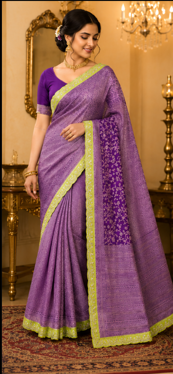 Georgette Butta Saree with Contrast Lime Green Border