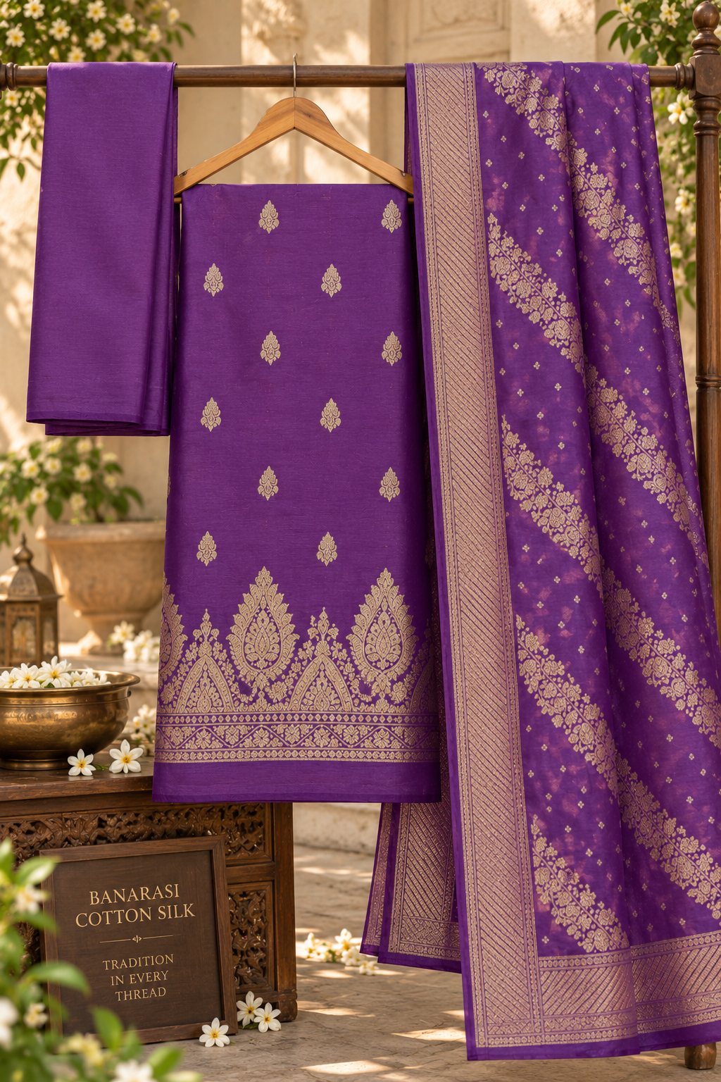 Graceful Banarasi Zari Woven Unstitched Moonga Silk 3-Piece Suit Set with Diagonal Floral Dupatta