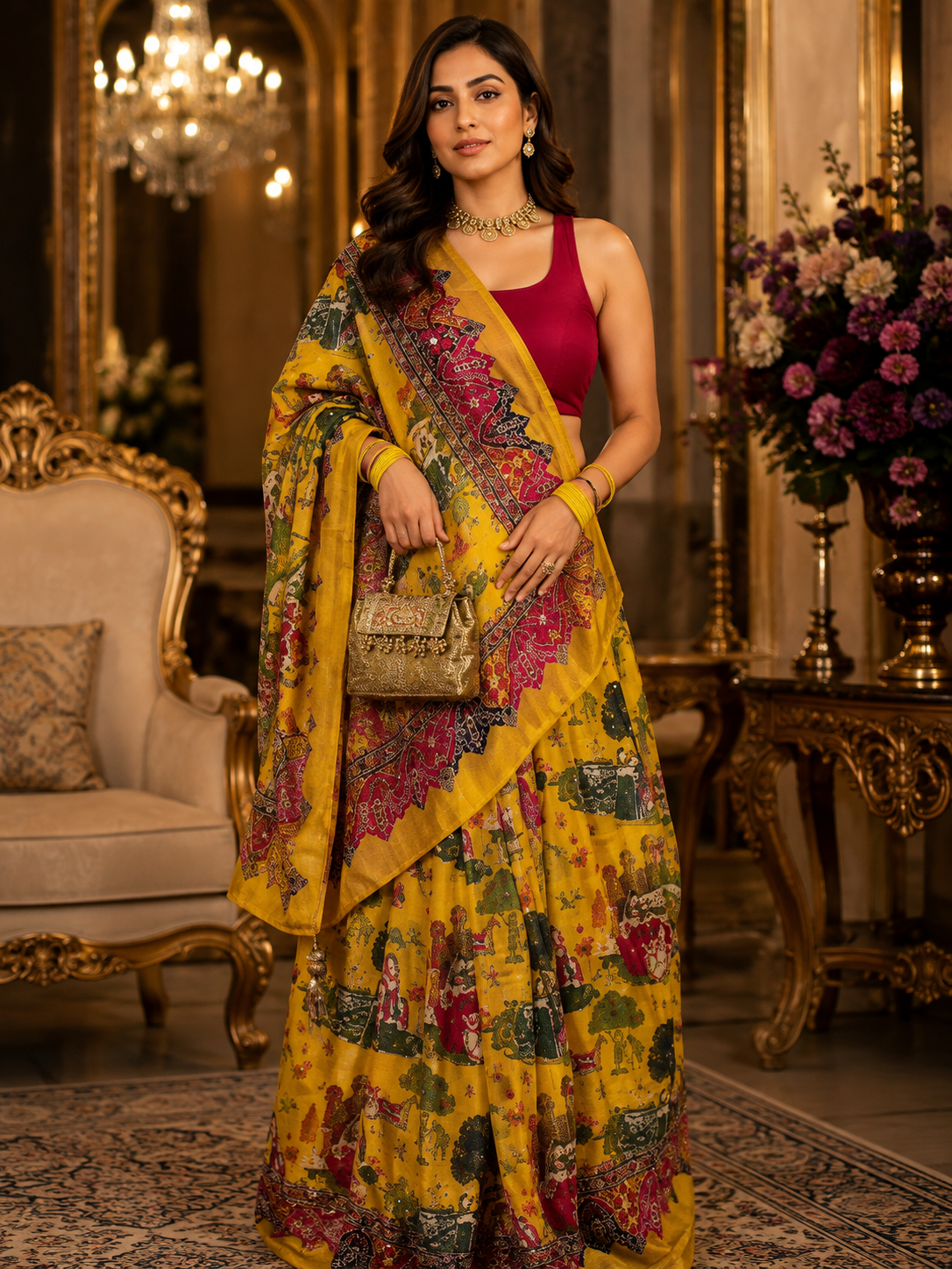 Digital Printed Crepe Silk Saree with Real Mirror