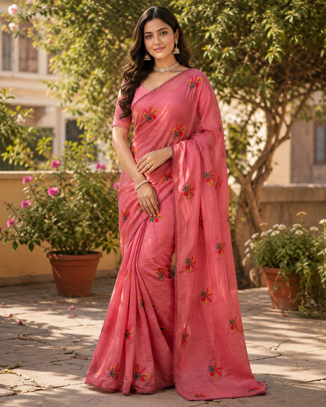 Soft Silk Embroidered Saree with Tone-on-Tone Lace Border