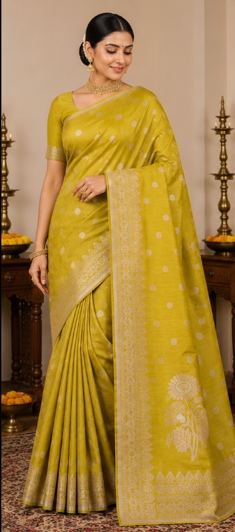 Dupion Silk Saree with Woven Zari Floral Motifs