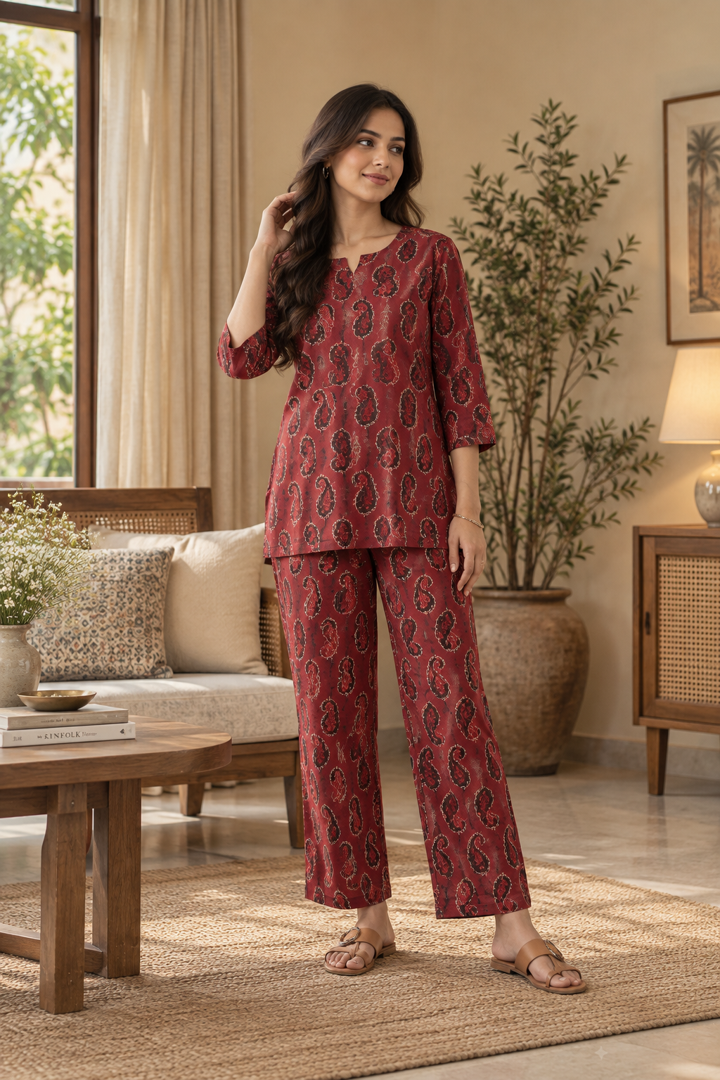 Maroon Paisley Printed Cotton Co-Ord Set