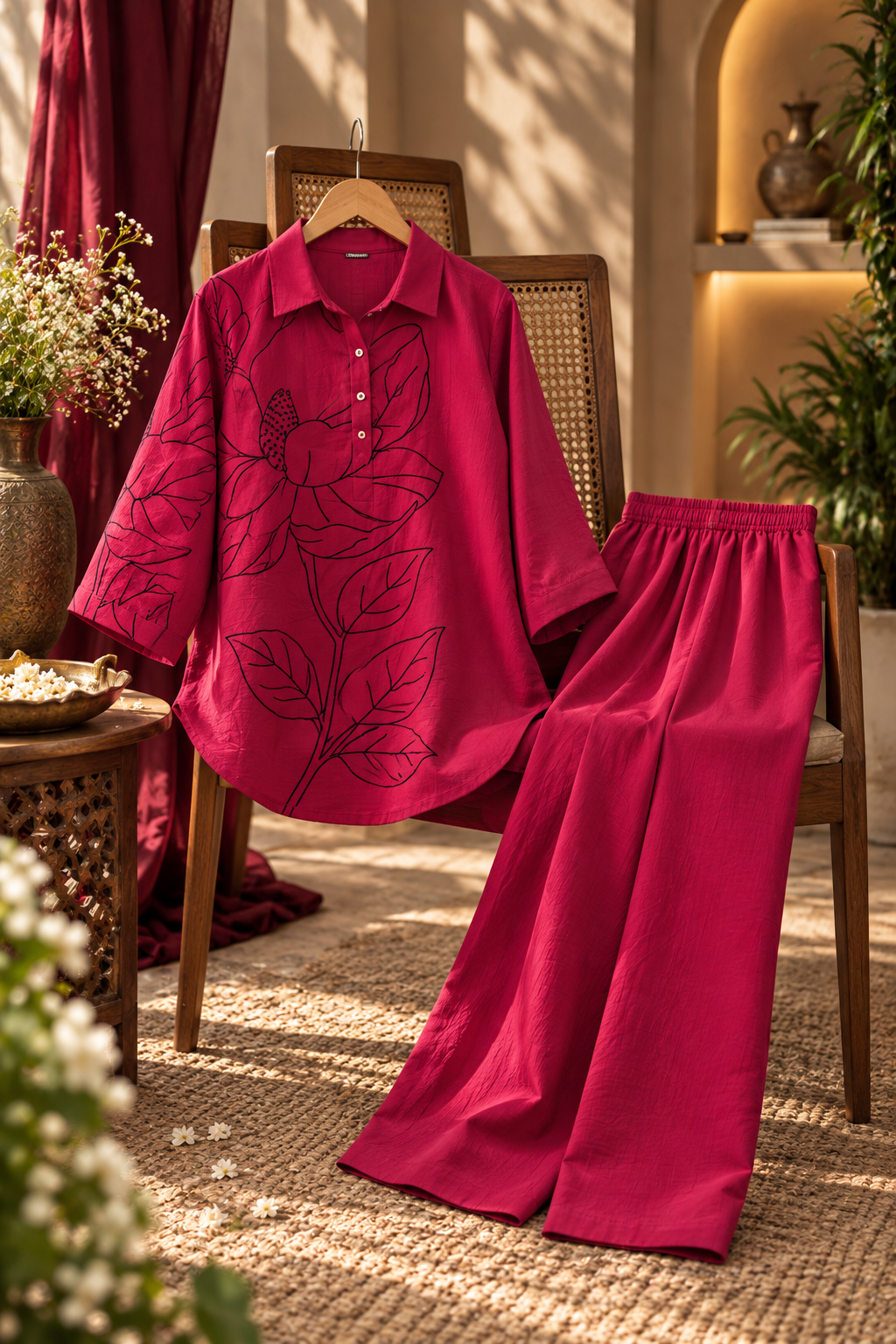 Magenta Pink Floral Line-Embroidered Cotton Co-Ord Set