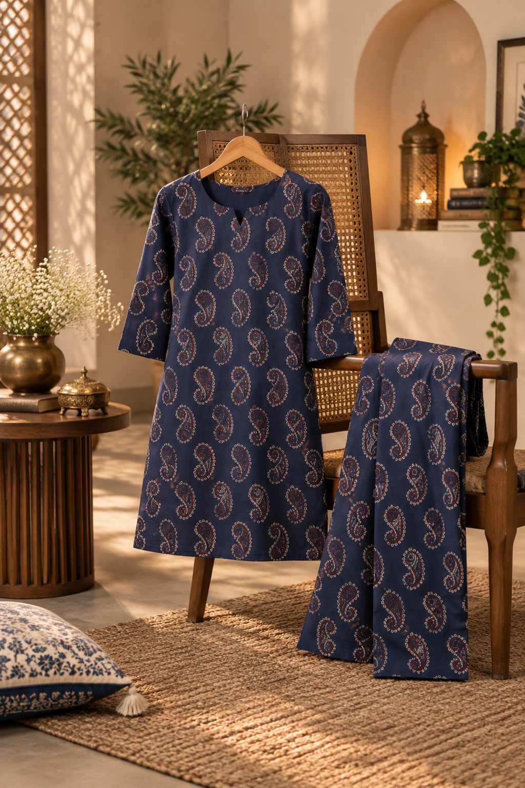 Navy Paisley Printed Cotton Co-Ord Set