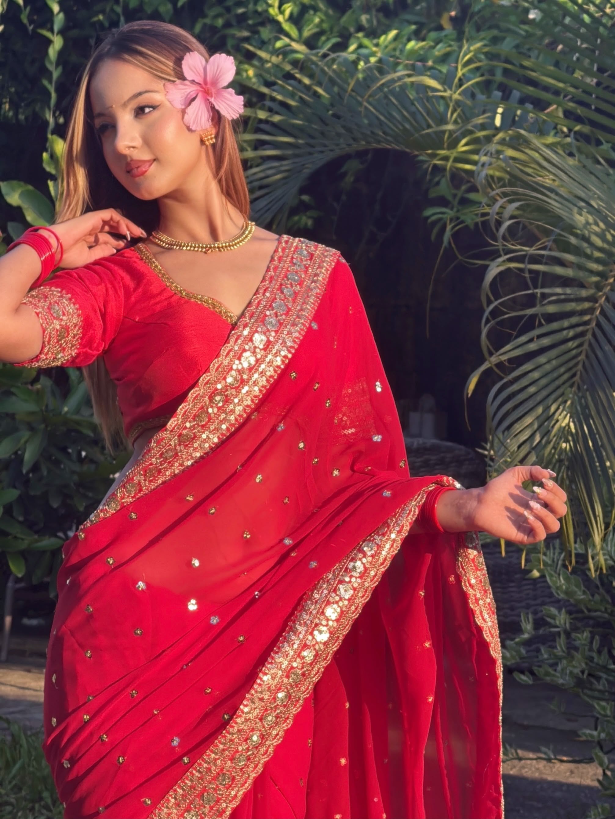 Premium Pure Georgette Designer Saree with Sequins & Dori Embroidery