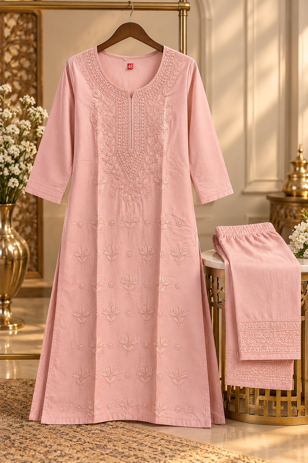 Dust Pink Lucknowi Chikankari Cotton Kurti Set with Palazzo