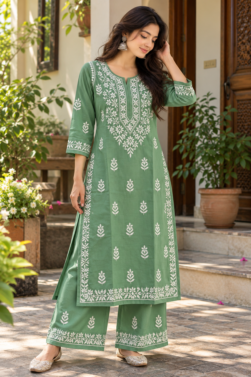 Sage Green Lucknowi Chikankari Cotton Kurti Set with Palazzo